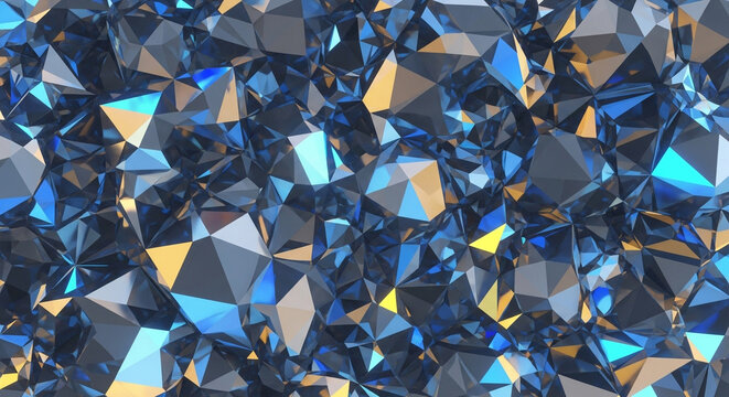 Abstract blue and gold geometric background with triangular faces, a futuristic design element with vibrant hues creating a modern and eyecatching backdrop
