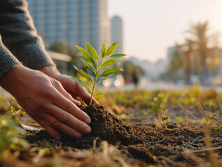 Person planting small tree seedling in soil during sunset