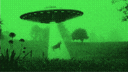 Retro bitmap UFO abduction poster with cow and alien saucer. UFO sci-fi illustration in halftone dotted style, neon beam, pixel noise texture, vintage 50s extraterrestrial UFO attack concept