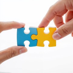 Hands connecting two colorful puzzle pieces in a studio shot