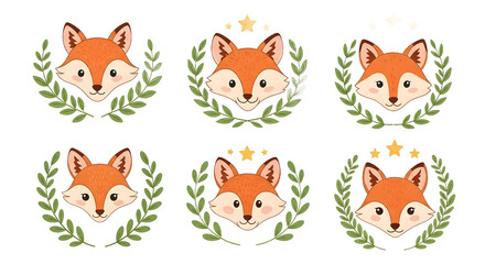 Obraz premium Charming Collection of Cartoon Fox Head Avatars with Green Laurel Wreaths and Star Accents, Ideal for Animal-Themed Logos, Mascots, and Digital Branding Designs