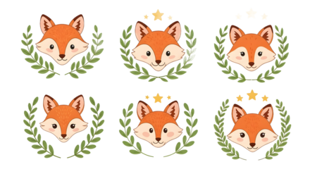 Charming Collection of Cartoon Fox Head Avatars with Green Laurel Wreaths and Star Accents, Ideal for Animal-Themed Logos, Mascots, and Digital Branding Designs