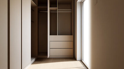 Fototapeta premium Modern closet with minimalist design, featuring drawers, shelves, and hanging space. Natural light enhances the clean, organized look.