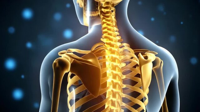 Anatomical illustration of the human skeletal system, focusing on the spine and shoulder