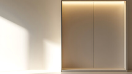 Fototapeta premium Modern minimalist design featuring a built-in cabinet with illuminated top edge, bathed in soft, natural light and clean lines.