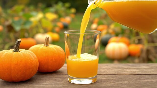Pumpkin juice being poured into an empty glass on a wooden table among pumpkins, with a pumpkin patch in the background.
