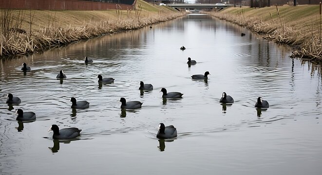American coots swimming in a canal, creating ripples in the water.
