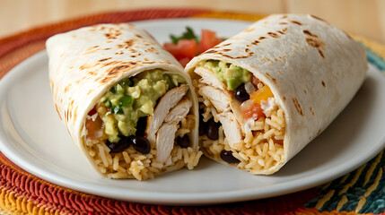 Two halves of a burrito filled with chicken, rice, beans, and guacamole on a white plate with colorful textile in the background.