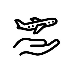 Obraz premium Airplane icon above open palm symbolizing travel support care and safe journey concept
