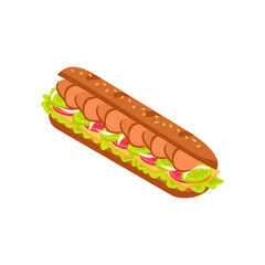 Delicious Long Sandwich with Fresh Ingredients Isolated on White