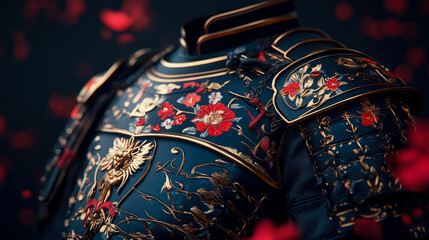 Ornate dark teal samurai armor featuring intricate gold outlines, delicate red and white floral embroidery, and textured patterns, beautifully displayed with shallow depth of field and soft red bokeh 