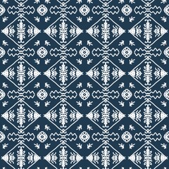 A traditional Thai-inspired geometric pattern in white on a deep navy blue background. The repeating symmetrical motifs represent the elegance and balance of Thai art in a modern style. Suitable for t
