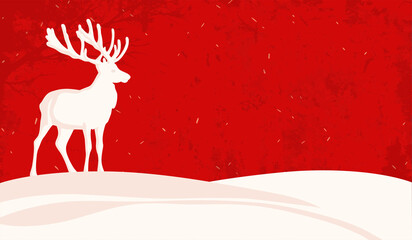 Minimalist Christmas illustration with a white reindeer silhouette standing on snowy hill against a red background. Festive holiday design with simple shapes and textured style