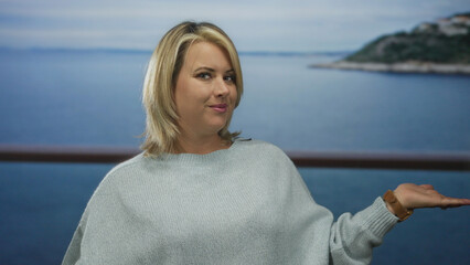Young blonde woman wearing a sweater shows thumbsup gesture on street by the seaside under clear...
