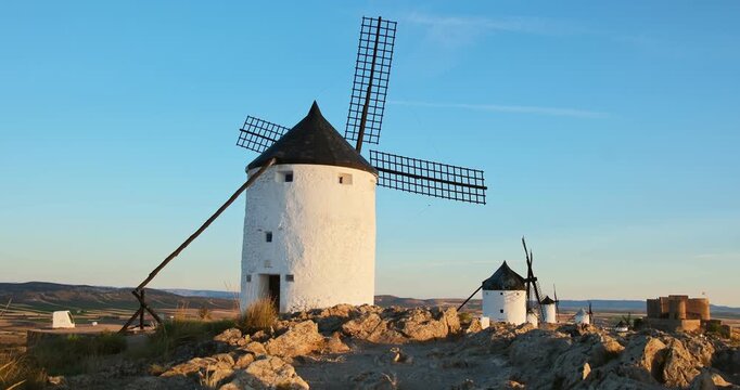 Revealing view of the historic windmills of Consuegra, Castilla-La Mancha, Spain