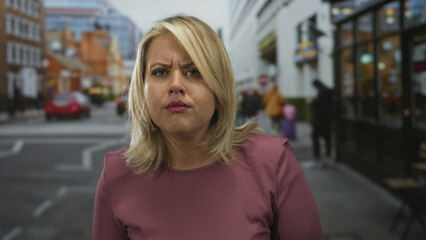 Fototapeta premium Blonde woman wearing pink top frowns with tense face framed by blurred storefronts in city street; determination.