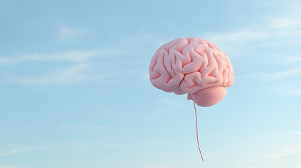Floating Pink Brain: An anatomical model of the human brain drifts gently against a pale blue sky, symbolizing thought and the power of the mind.