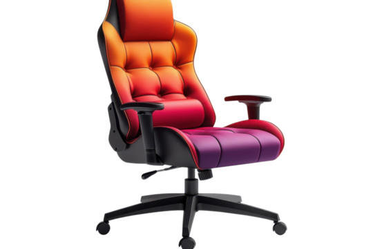 Ergonomic gaming chair with vibrant orange red and purple color scheme perfect for long gaming sessions on transparent background - Powered by Adobe