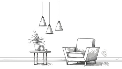 Minimal interior sketch with modern armchair coffee table houseplant and pendant lamps in stylish living room