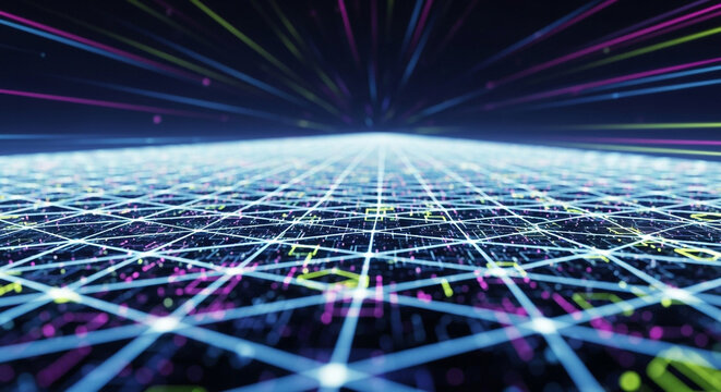 Futuristic grid with glowing lines and dots, creating a sense of technology, innovation, and connectivity in a digital landscape for modern designs