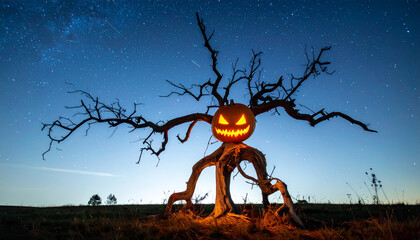 Hanging Jack-o'-Lantern on Twisted Tree at Dusk for Halloween Posters or Magazine Covers  