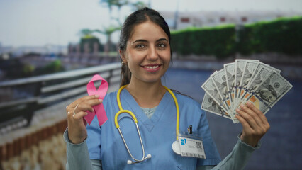 Hispanic woman doctor outdoors wearing a stethoscope holds a pink ribbon and us dollars, symbolizing breast cancer awareness and financial support.