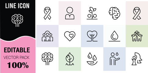 Health and Wellness Line Icons Set brain awareness ribbon