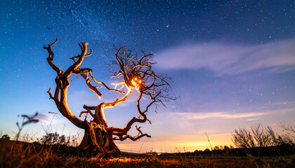 Glowing Jack-o'-Lantern in Twisted Tree Under Starry Sky for Halloween Ads or Blog Graphics  