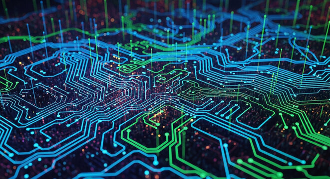 A vibrant circuit board design with interconnected pathways, showcasing the complexity and beauty of modern technology and electronic engineering