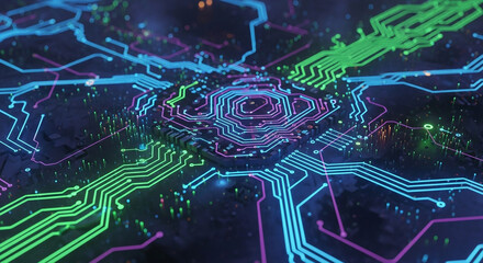 A complex circuit board design with a central processing unit, symbolizing advanced technology, data processing, and the intricate network of modern computing