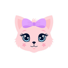 Cute pink kitten face illustration with a purple bow. Adorable vector for kids' apparel and stickers.