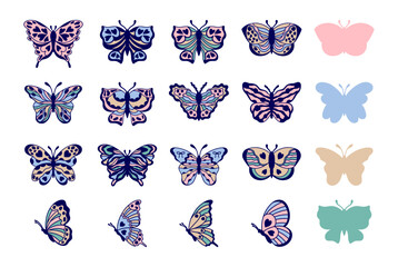 Colotful butterflies collection in doodle style on white background.
