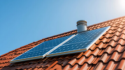 Solar panels on a terracotta tile roof under a bright blue sky, representing sustainable energy and renewable power sources.