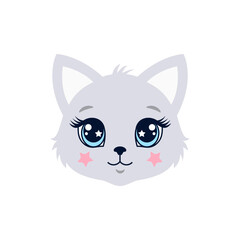 Cute gray kitten face illustration with big eyes. Adorable vector for kids' apparel, stickers, nursery decor, and prints.