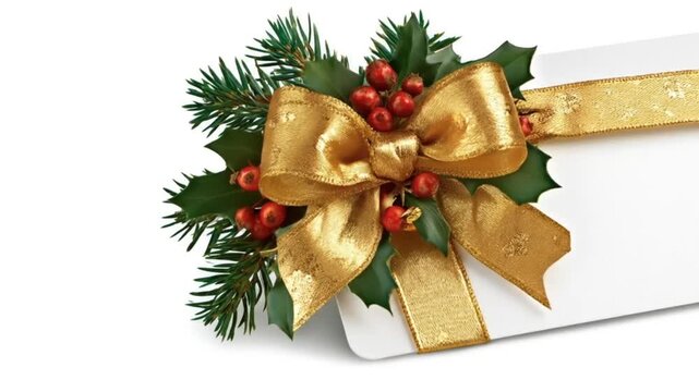 Elegant white gift card or tag decorated with a golden bow, holly, and pine boughs.