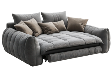Modern gray sofa with plush cushions offers comfortable seating for contemporary living spaces design on transparent background