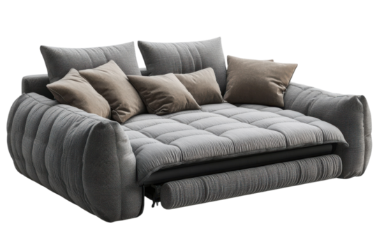 Modern gray sofa with plush cushions offers comfortable seating for contemporary living spaces design on transparent background