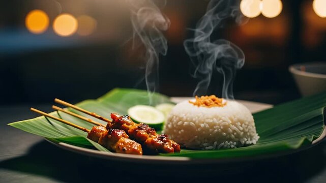 Steaming hot satay skewers served on banana leaf with fluffy rice and cucumber slices creating an appetizing culinary