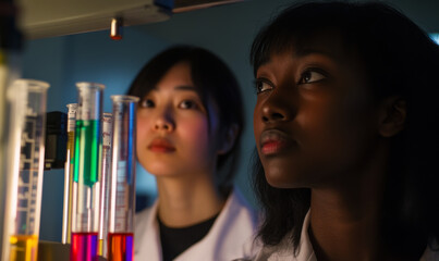 Scientists conducting experiment with colorful liquid-filled test tubes and lab equipment in sterile research setting
