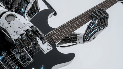 ロボットがギターを演奏する未来的なシーン