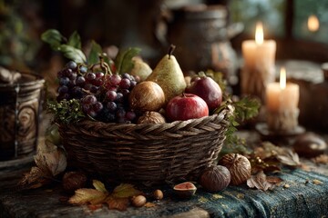 Seasonal Fruits. A beautifully arranged basket of fresh fruits with candles and autumn leaves.
