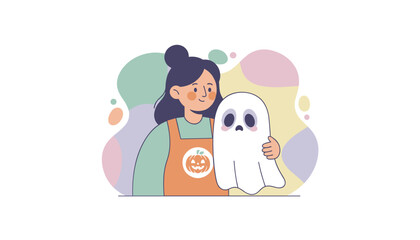Young woman in pumpkin apron hugs a cute ghost Halloween holiday celebration