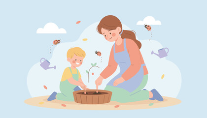 Happy mother and child planting seeds learning about nature and growth in the garden