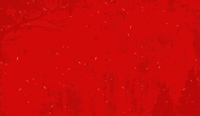 Abstract red winter background with subtle silhouettes of trees and falling white snowflakes. Festive seasonal backdrop, perfect for Christmas cards, New Year posters, banners