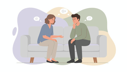 Man shares worries with a supportive woman on a couch concept of therapy counseling or discussion
