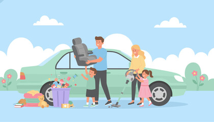 Happy family cleaning their car together removing seats and vacuuming Home car maintenance