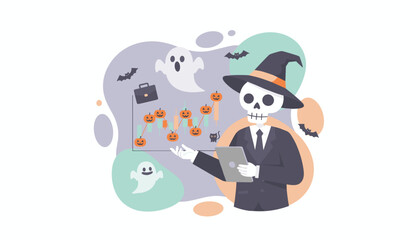 Halloween business skeleton analyzes stock market data with spooky festive elements Finance seasonal