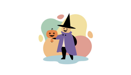 Cute pumpkin character in witch hat holding jackolantern Halloween festive design concept