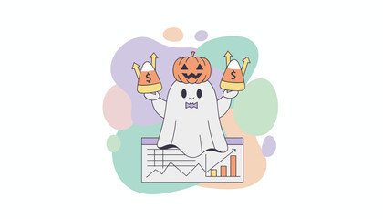 Halloween ghost with pumpkin head shows business growth with rising candy corn investments and charts