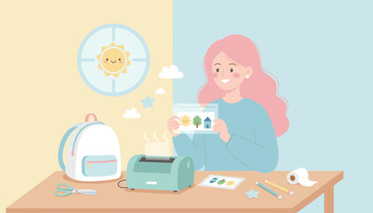 Happy woman laminating educational cards for school or craft projects at home